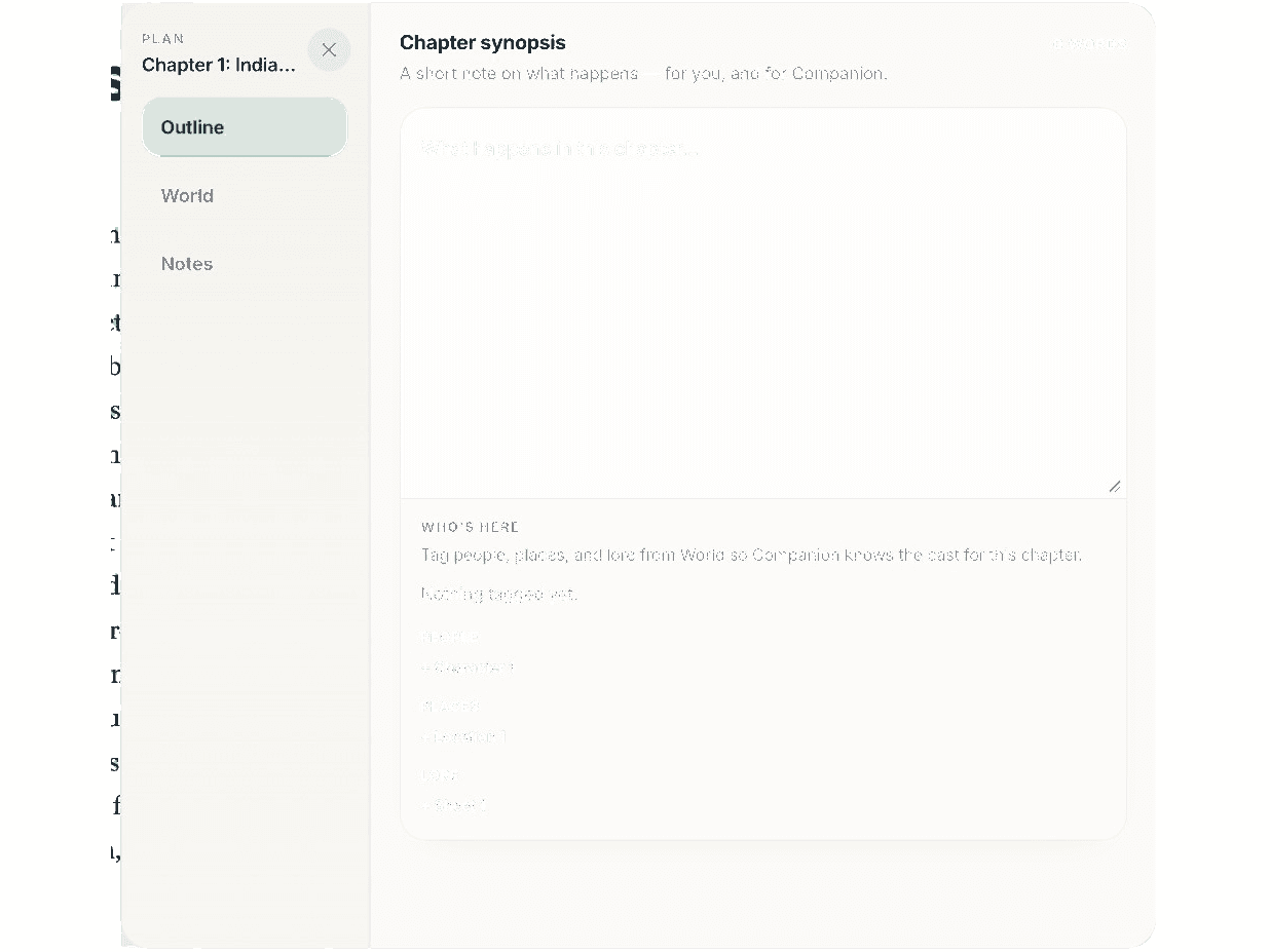 Blocwrite Plan panel for outline and world