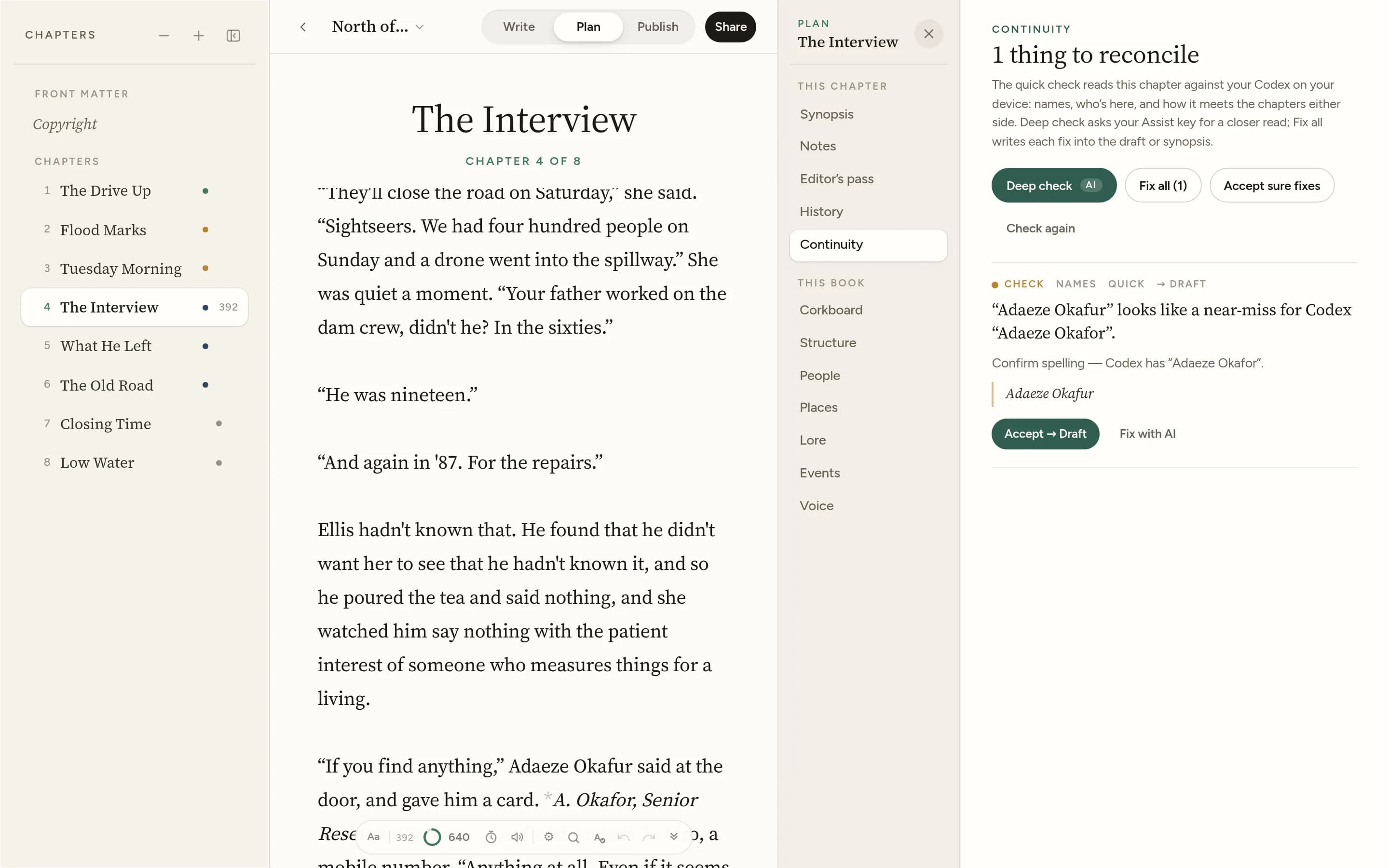 Continuity beside a chapter: a name spelt two ways, caught against the Codex, with the fix one click away.