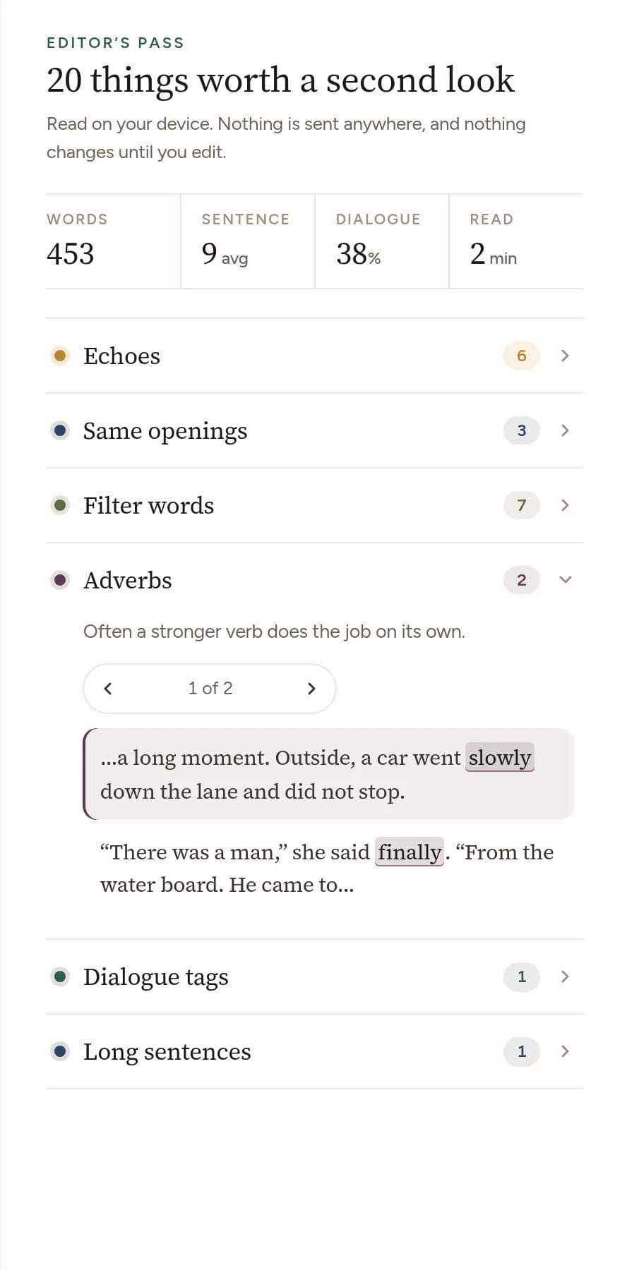 The Editor’s pass: twenty things worth a second look, with the adverbs open and each sentence shown in place.