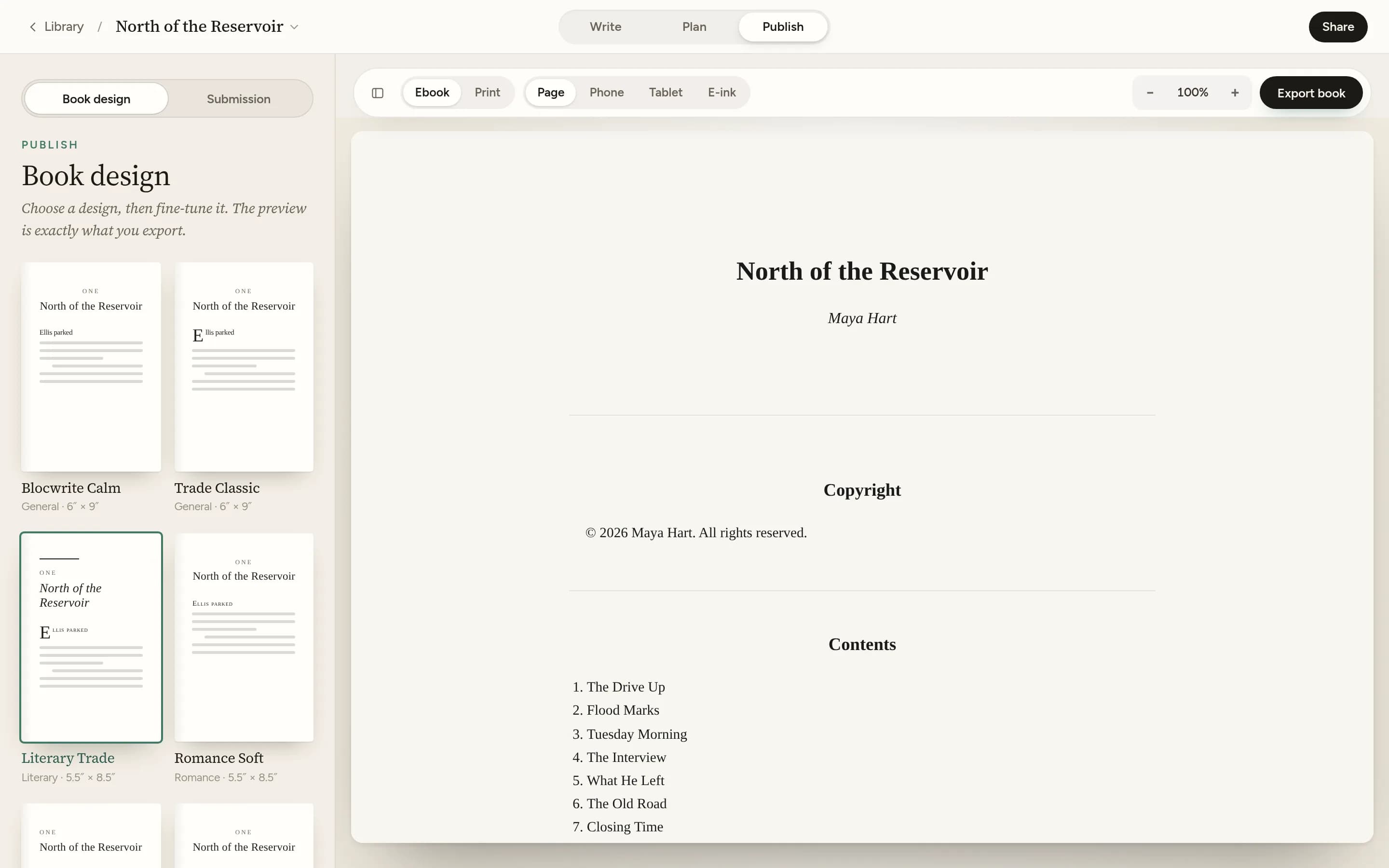 Publish, Book design: a gallery of interior designs beside a live preview of the book.