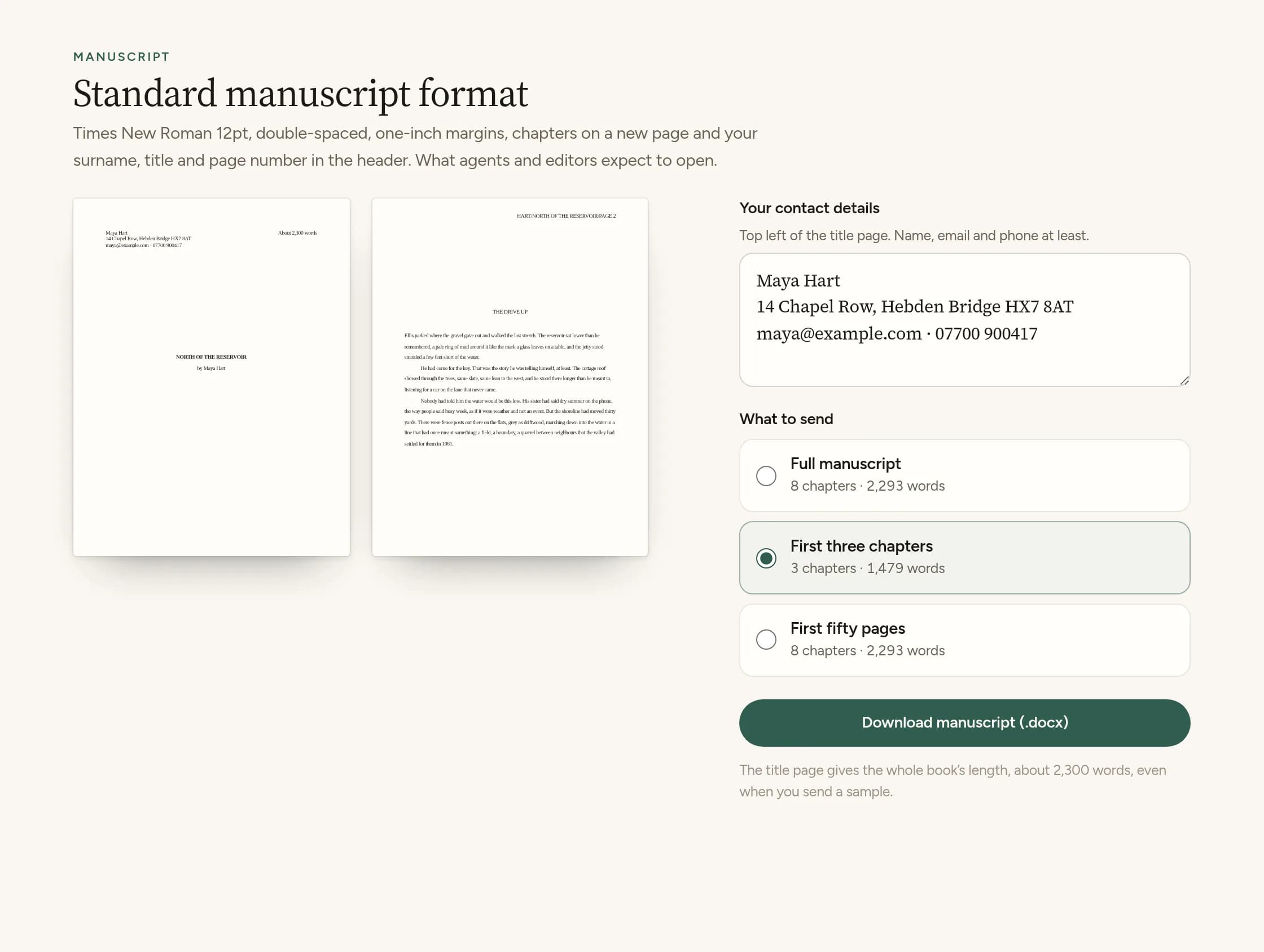Standard manuscript format: a title page with contact details and word count, and the first chapter page.