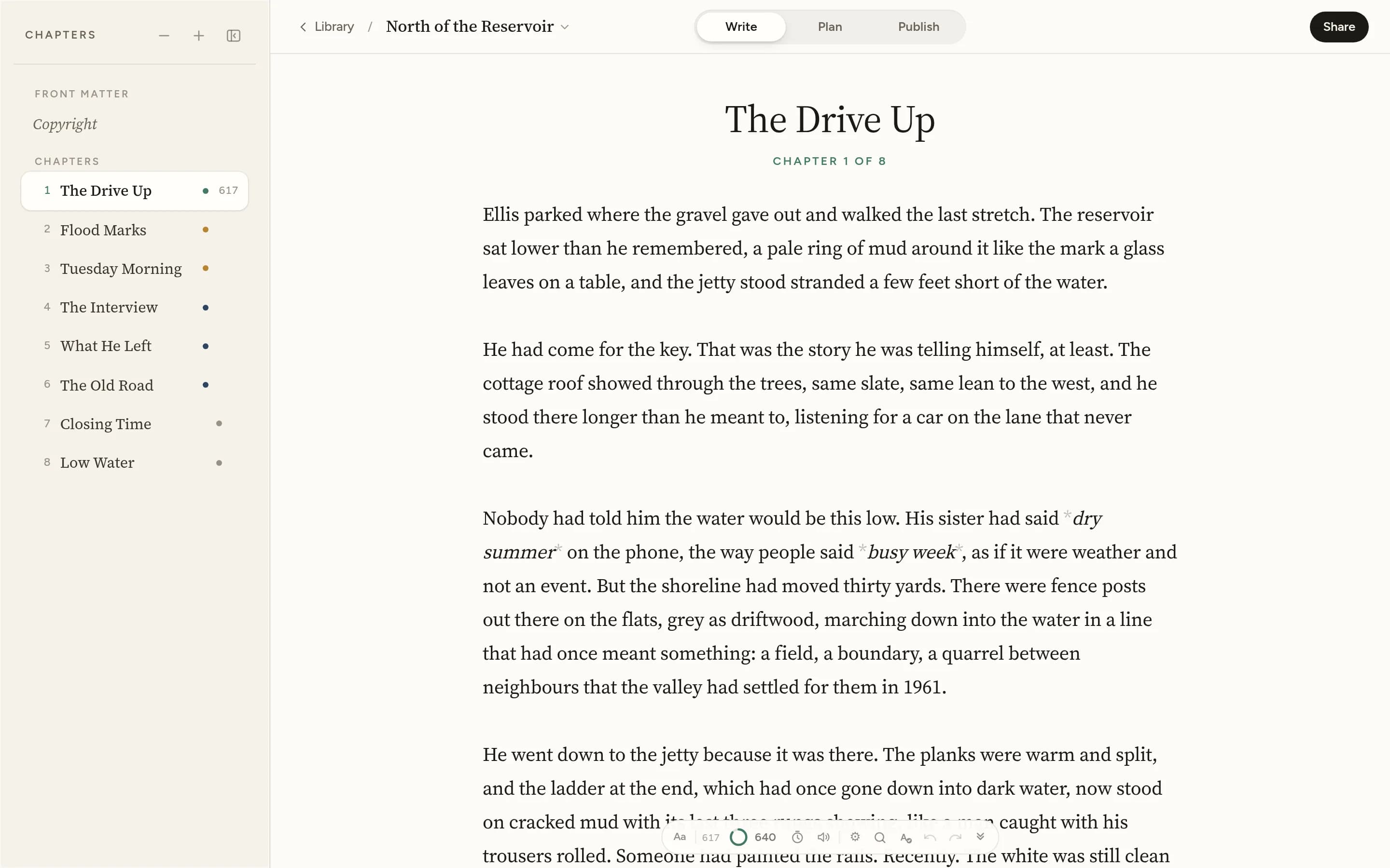 The Write screen: chapters as a table of contents beside a page set like a printed book, with italics shown as italics.