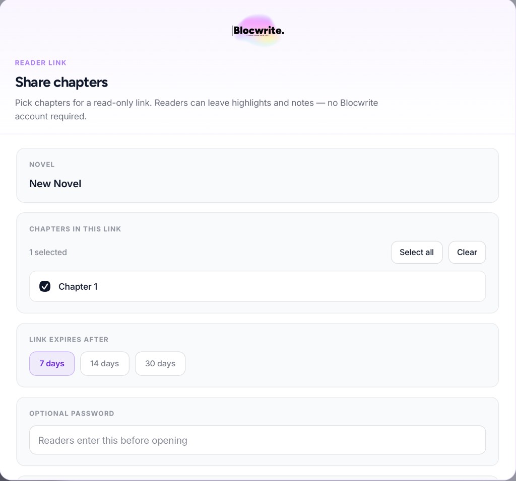 Blocwrite share chapters dialog with reader link options